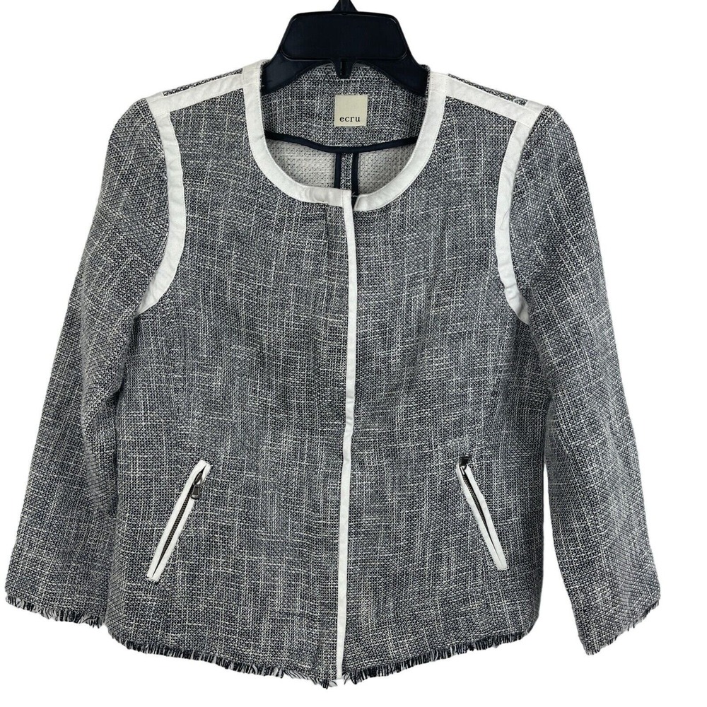 Ecru Womens Glazed Tweed Jacket Black White Contrast Trim Zip Front Size S